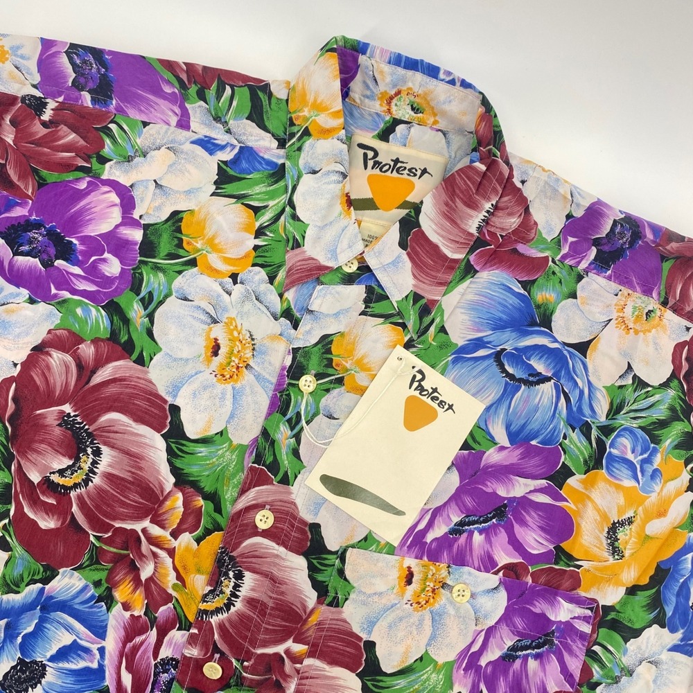 Protest Button Down Shirt Mens L Multicolor Floral 100% Silk Short Sleeve NWT